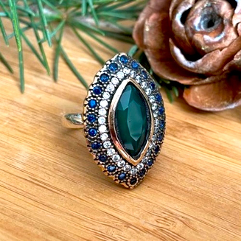 925 Sterling Silver, Emerald, Sapphire &Topaz Ring